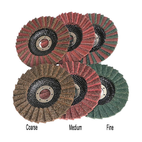 Fine non-woven flap disc for satin finishing and scratch blending