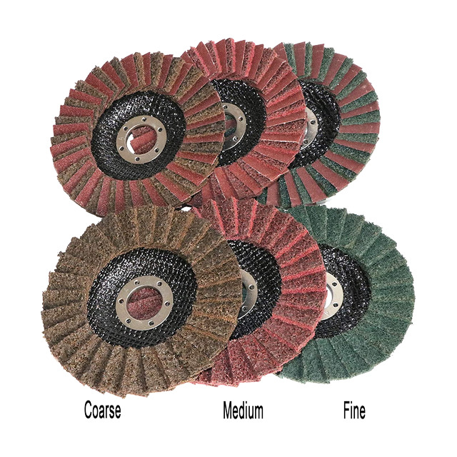 Fine non-woven flap disc for satin finishing and scratch blending