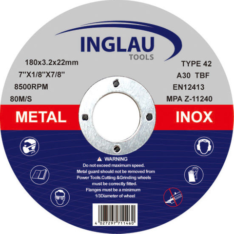  Cutting Abrasive Disc, T1, 180 mm x 3 mm x 22.2 mm