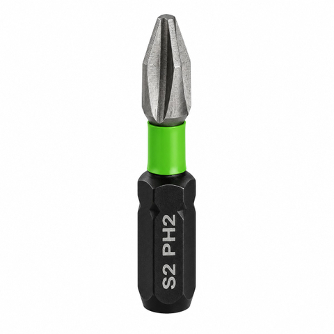 S2 Steel PH2 Phillips Impact Screwdriver Bit with Green Torsion Zone
